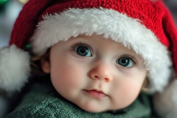 Cute baby wearing christmas hat and looking with big blue eyes