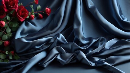 Gorgeous background of dark blue silk satin. lustrous fabric with gentle folds. opulent backdrop with room for creativity. banner on the web. The tabletop perspective in flat lay. Valentine's Day and 