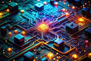 Obraz premium Glowing AI Circuit Board in Low Light, Futuristic Technology Background