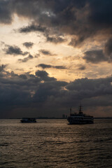 Istanbul Bosphorus with Two Vessels, Ships on the Bosphorus under Dramatic Sky, Bosphorus Strait with Two Ships at Twilight