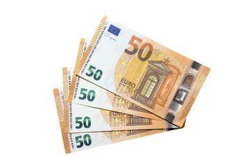 Top view of a pile of fifty euro banknote cash isolated over a white background
