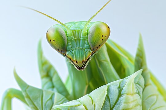 close-up of praying mantis in bright green shade isolated on white background