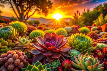 Fototapeta premium Sunset Succulent Garden - Colorful Desert Plants, Vibrant Hues, Medium Shot Photography