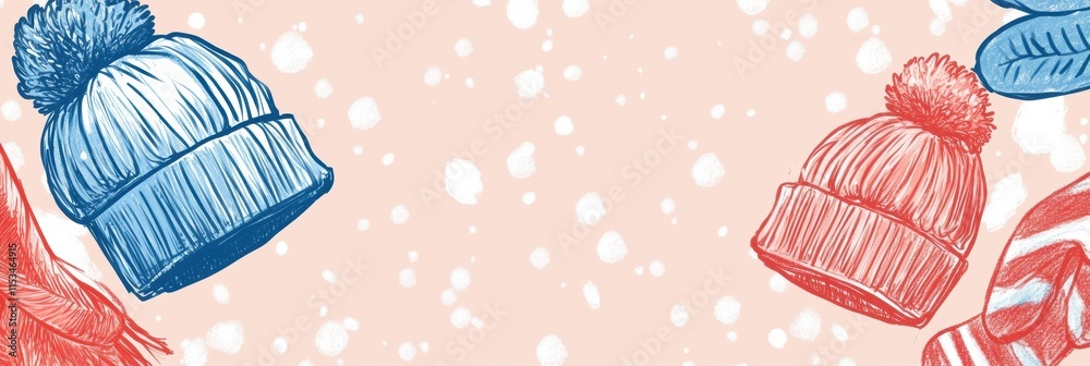 Aufkleber winter themed doodle featuring colorful hats and snowflakes on a light background. generative ai