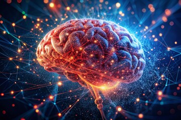 Glowing Red Brain Particle Abstract Background - Dark Blue