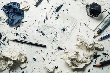 messy arrangement of crumpled paper splattered ink and rough pencil sketches forming artistic representation of creativity