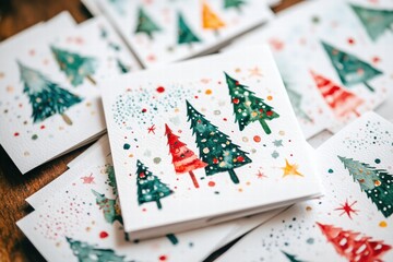 Creative Christmas cards featuring colorful trees and festive designs on a wooden table during the...