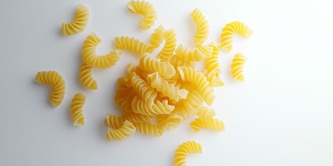 Dried Italian pasta, specifically macaroni, is beautifully presented isolated on a white background, showcasing the texture and shape of dried Italian pasta in a striking, minimalistic composition.