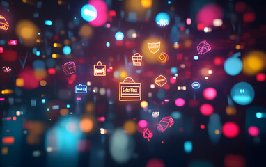 Cyber Week Dynamic Background with Floating Shopping Icons and Discounts , Generative-AI