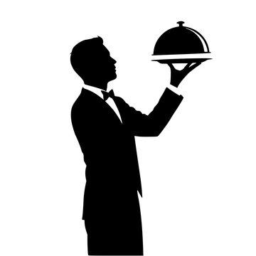 recommend clip art: silhouette vector Hand holding Silver serving cloche raised above empty golden plate, cut out	