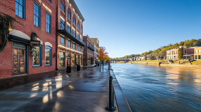 Vibrant riverfront street in Little Rock Arkansas with historic brick buildings and scenic water views