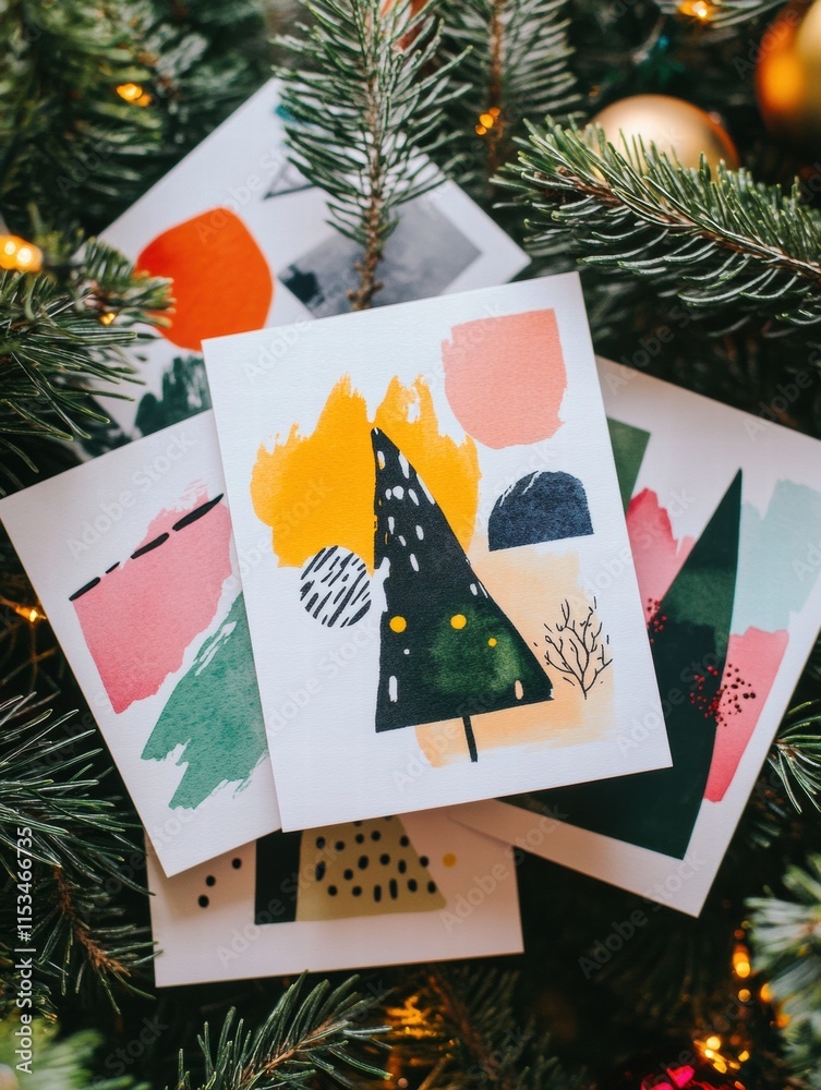 Poster collection of colorful christmas cards displayed on a festive pine tree with holiday decorations. ge