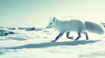 Naklejka premium arctic its coat of white fur blending seamlessly with snow-covered ground moving across pristine icy landscape