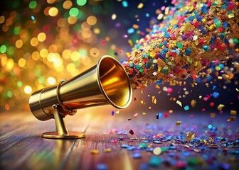 Golden Megaphone with Confetti: Tilt-Shift Announcement Stock Photo
