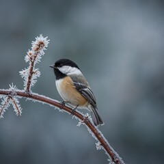 A black-capped chickadee perched on a frosty branch.