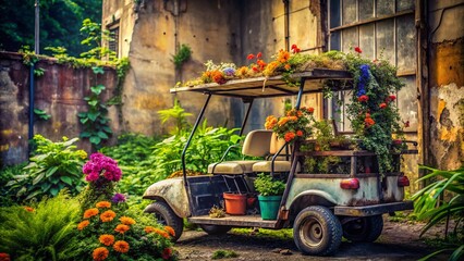 Golf Cart Filled with Flowers and Gardening Tools - Urban Exploration Photography