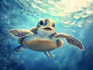 Obraz premium Smiling baby turtle swim under water illustration