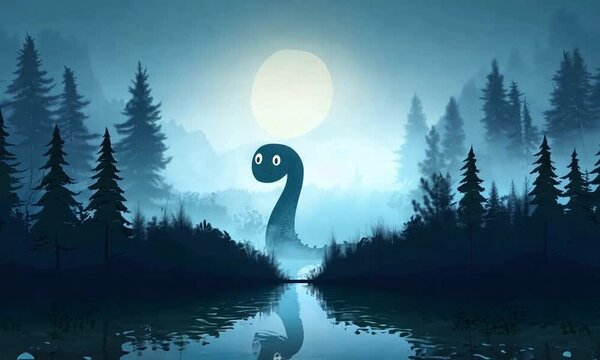 loch ness monster swims in the lake on a foggy day