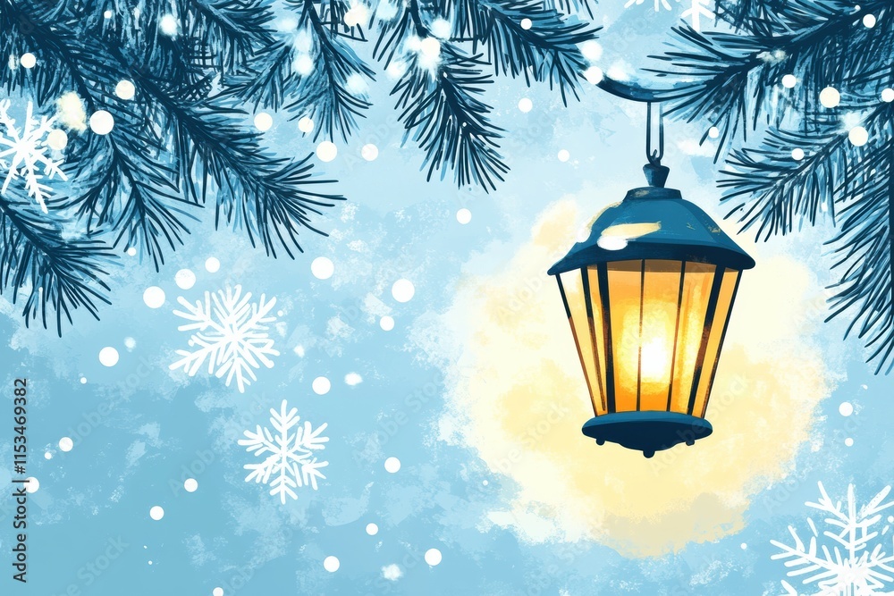 Aufkleber winter doodle of a glowing street lantern surrounded by snowflakes and pine branches under a serene 