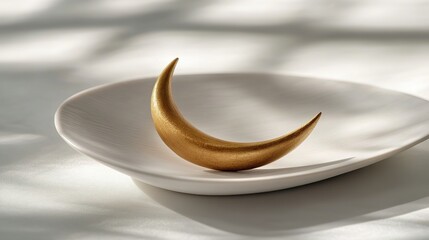 golden crescent moon sculpture lying on smooth white ceramic plate with subtle reflections under diffused lighting