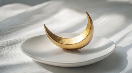 golden crescent moon sculpture lying on smooth white ceramic plate with subtle reflections under diffused lighting