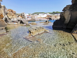 Cove of Bagno Marino Archi with Spa. Santa Cesarea Terme, Lecce, Apulia (Puglia), Italy. 