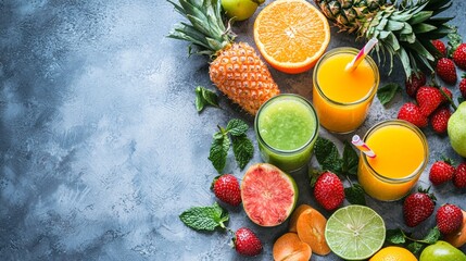 Healthy fruit juices with fresh fruits on a blue surface