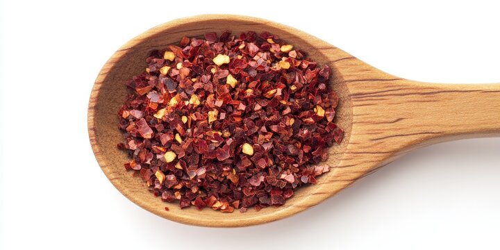 Crushed red pepper flakes showcased in a wooden spoon against a white background, highlighting the vibrant texture and color of the crushed red pepper flakes. Perfect for culinary visuals.