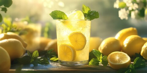 Fototapeta premium Sparkling Refreshing Lemonade infused with zesty Lemon and aromatic Mint for a delightful, revitalizing beverage. Enjoy the Fizzy Fresh taste of Lemon and Mint!