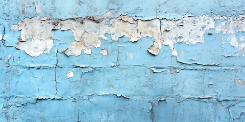 Fototapeta premium Vintage blue paint shows peeling off the uneven, rough texture of a wall, revealing cement grain beneath. This rustic backdrop offers a unique copyspace to highlight vintage aesthetics.