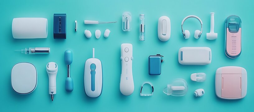Flat lay of various modern health and beauty devices on a teal background.