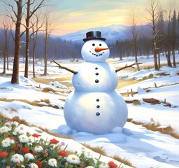 Obraz premium Illustration of snowman with winter landscape.