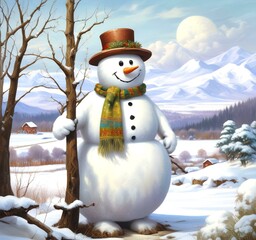Obraz premium Illustration of snowman with winter landscape.
