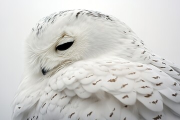 Obraz premium close-up of snowy owl feathers isolated against pure white background showcasing texture and beauty of bird coat