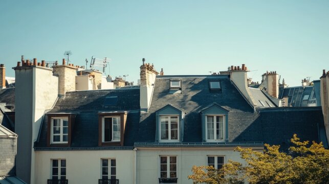 Parisian Building Rooftops Under a Clear Blue Sky