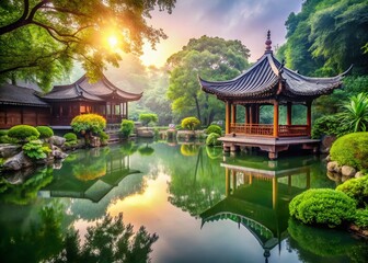 Fototapeta premium Hangzhou Garden, Serene Bokeh Landscape, Traditional Chinese Architecture, Misty Morning, Peaceful Scene