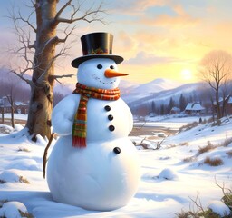 Obraz premium Illustration of snowman with winter landscape.