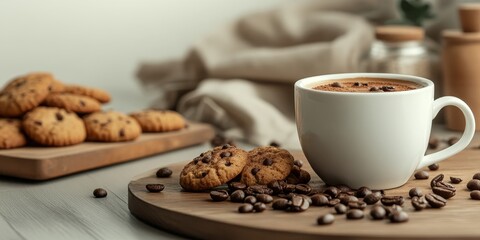 Coffee cup and pot with coffee beans, alongside cookies sprinkled with cinnamon, displayed on a wooden table against a white background, creating a cozy coffee scene.