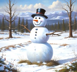 Obraz premium Illustration of snowman with winter landscape.