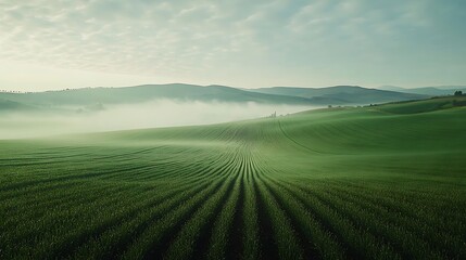 Obraz premium Serene Sunrise Photo: Misty Green Field Landscape. AI Generated