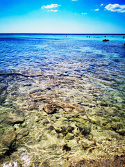 Seashore and foreshore with a well visible seabed thanks to a crystal-clear water. Beach of...
