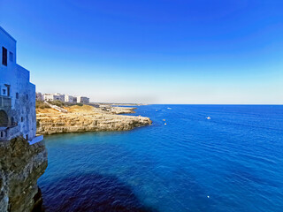 Polignano a Mare in province of Bari, Apulia, Italy. The oldest part of the town stands on a rocky spur overlooking the Adriatic Sea.