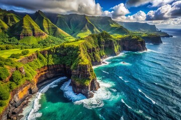 Obraz premium Hawaii Aerial: Dramatic Ocean Sea Cliffs, Lush Green Coastline