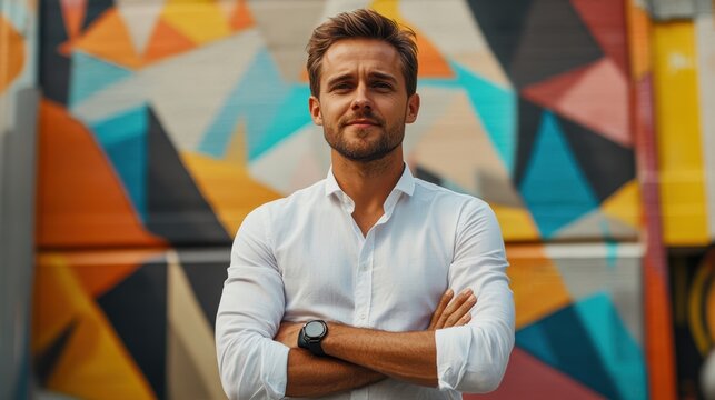 A young man exudes confidence with arms crossed, standing in front of a colorful mural that bursts with geometric patterns and hues, brightening the urban landscape