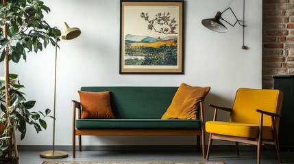 Vintage living room interior featuring a poster above a green bench, positioned between a lamp and a yellow armchair. This real photo captures a cozy and inviting atmosphere.