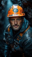 Fototapeta premium Rugged man wearing an orange hard hat and safety gear is covered in dirt, standing in a narrow, rocky space