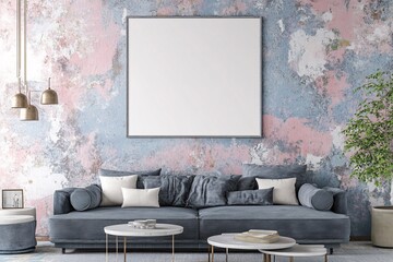 Stylish Living Room with Blank Poster Frame