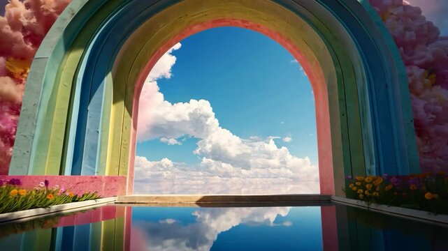 Video footage of vibrant rainbow archway reflects in a serene pool under a blue sky with fluffy clouds, surrounded by lush greenery and flowers