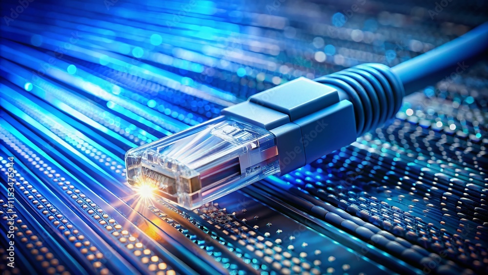 Poster high-depth-of-field image: network cable connecting to binary code internet