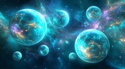 Fototapeta premium Stunning Digital Painting: Vibrant Cosmic Bubbles Drifting Mysteriously Through Nebula. AI Generated